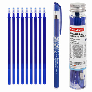 ручка стираемая гелевая + 9 стержней в пластиковой тубе, синяя, игольчатый наконечник 0,5 мм, линия 0,35 мм, 144093 /br