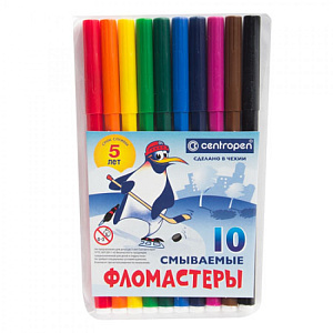 фломастеры 10цв. пингвины, смываемые, вент. колпачки,  в пакете 7790/10 /centropen