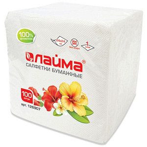 салфетки бумажные 24*24см 100шт. белые, 100% целлюлоза, 126907 /лайма