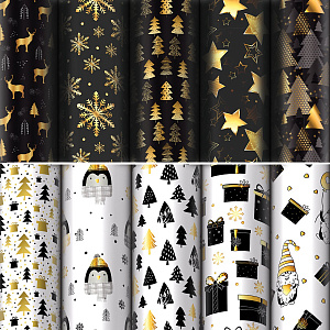 бумага упаковочная 70*100см black.gold.white (10 дизайнов) 90г/м2 592052 /золотая сказка