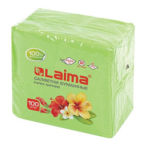 салфетки бумажные 100 штук, 24х24 см, laima, зелёные (пастел цвет), 100% целлюлоза, 111791