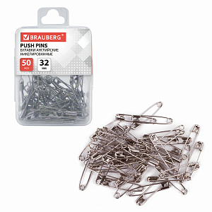 булавки английские 32мм 50шт. никелированные,  пластиковый бокс, 223970 /br