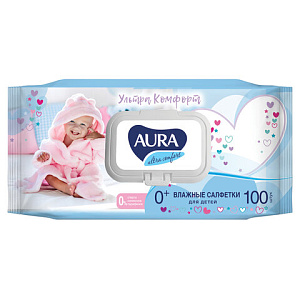 салфетки влажные 100шт, ultra comfort, для детей гипоаллерг., с алоэ, без спирта, 6486 /аура