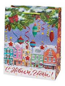 нг пакет бумажный 17,8*22,9*9,8 новогодние домики ламинация, 140г/м, 86202 /magictime