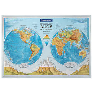карта мира 101*69 физическая полушария 1:37м, тубус, 112376 /br